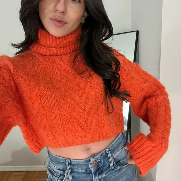 Knit Sweater Orange Cropped Turtleneck Zara Sweaters Bright Orange